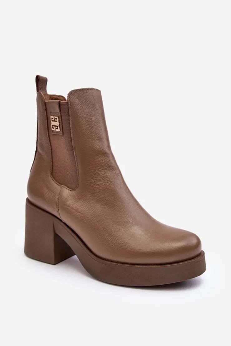 Sale Boto Skórzane Damskie Botki Na Obcasie Lemar Brązowe Kodra