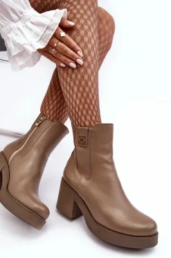 Sale Boto Skórzane Damskie Botki Na Obcasie Lemar Brązowe Kodra