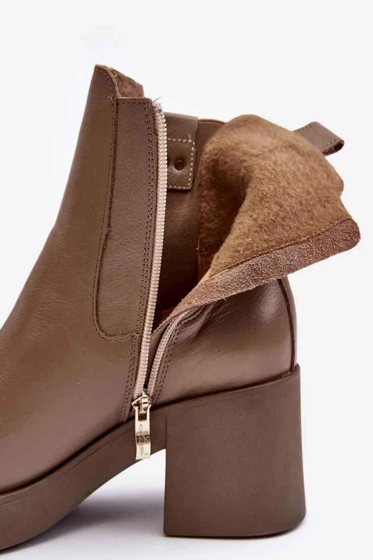 Sale Boto Skórzane Damskie Botki Na Obcasie Lemar Brązowe Kodra