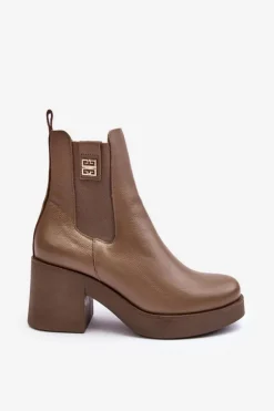 Sale Boto Skórzane Damskie Botki Na Obcasie Lemar Brązowe Kodra