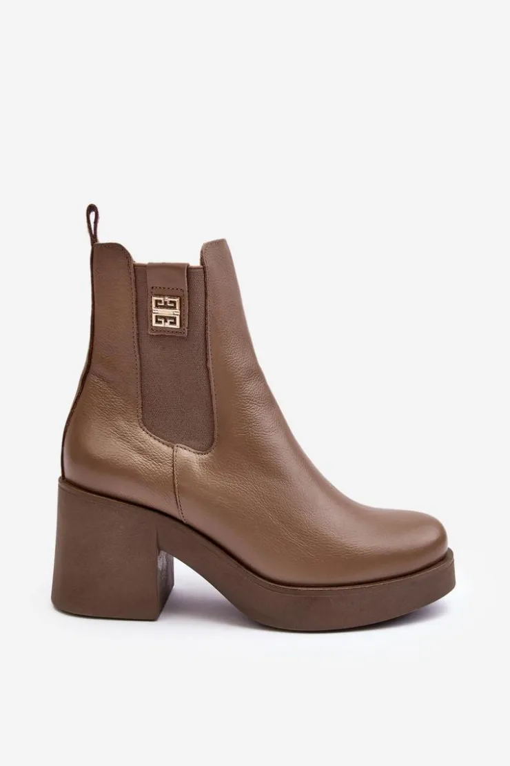 Sale Boto Skórzane Damskie Botki Na Obcasie Lemar Brązowe Kodra