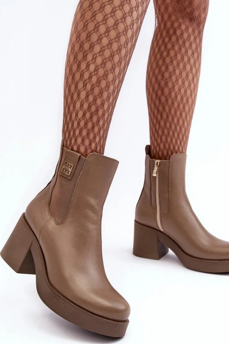 Sale Boto Skórzane Damskie Botki Na Obcasie Lemar Brązowe Kodra