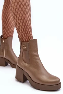 Sale Boto Skórzane Damskie Botki Na Obcasie Lemar Brązowe Kodra