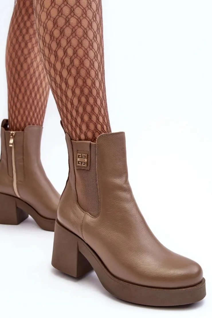Sale Boto Skórzane Damskie Botki Na Obcasie Lemar Brązowe Kodra