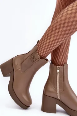 Sale Boto Skórzane Damskie Botki Na Obcasie Lemar Brązowe Kodra