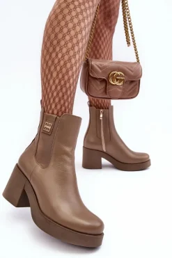 Sale Boto Skórzane Damskie Botki Na Obcasie Lemar Brązowe Kodra