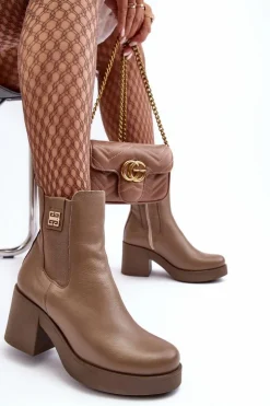 Sale Boto Skórzane Damskie Botki Na Obcasie Lemar Brązowe Kodra