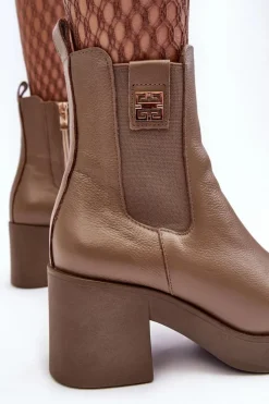 Sale Boto Skórzane Damskie Botki Na Obcasie Lemar Brązowe Kodra