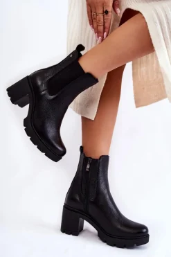 Clearance Boto Skórzane Damskie Botki Na Platformie Czarne Martine