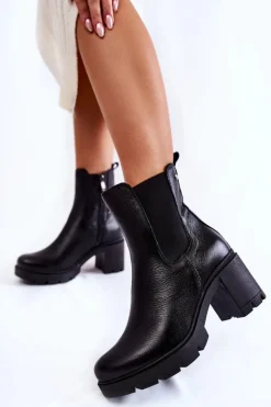 Clearance Boto Skórzane Damskie Botki Na Platformie Czarne Martine