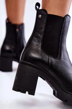 Clearance Boto Skórzane Damskie Botki Na Platformie Czarne Martine