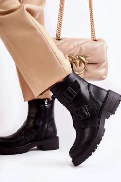 Outlet Boto Skórzane Damskie Botki Na Suwak Czarne Gritta