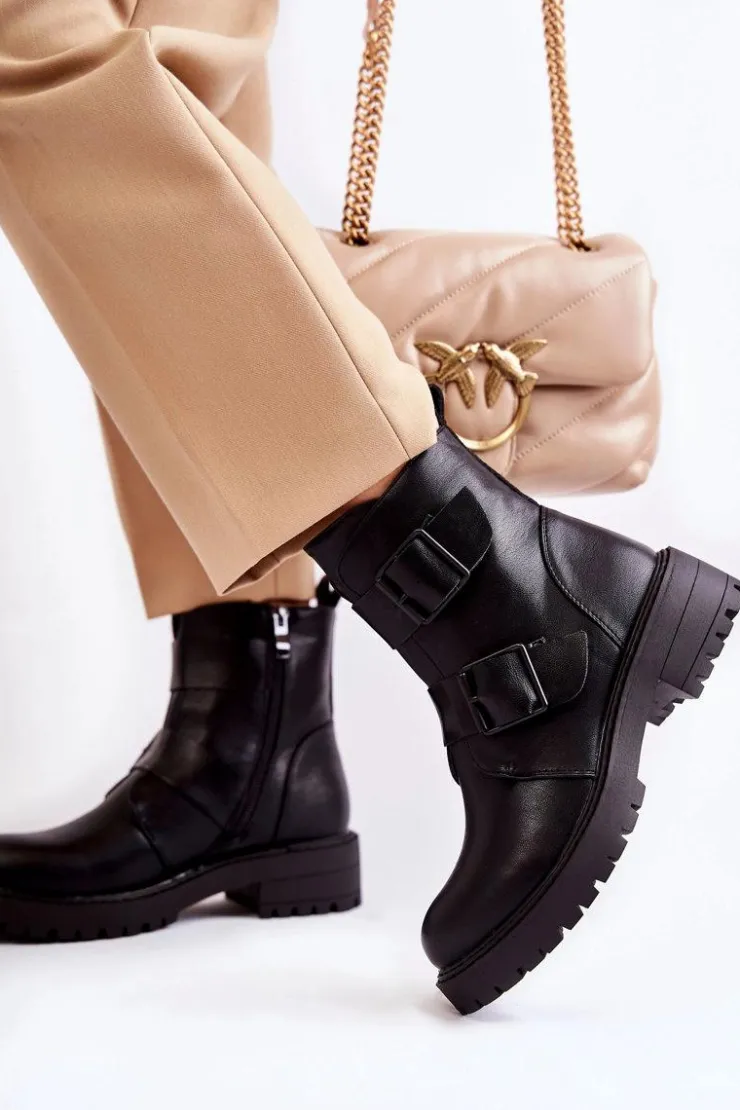 Outlet Boto Skórzane Damskie Botki Na Suwak Czarne Gritta