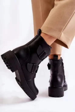 Outlet Boto Skórzane Damskie Botki Na Suwak Czarne Gritta