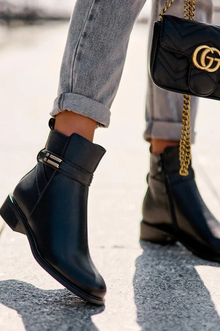 Boto Czarne Botki|Botki Płaskie*Skórzane Damskie Botki Na Płaskim Obcasie Czarne Lucadi