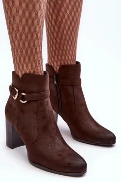 Buty Sergio Leone Botki Zimowe Damskie|Brązowe I Beżowe Botki*Skórzane Damskie Botki Na Słupku Z Klamrą Brązowe Lasima