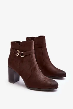 Buty Sergio Leone Botki Zimowe Damskie|Brązowe I Beżowe Botki*Skórzane Damskie Botki Na Słupku Z Klamrą Brązowe Lasima