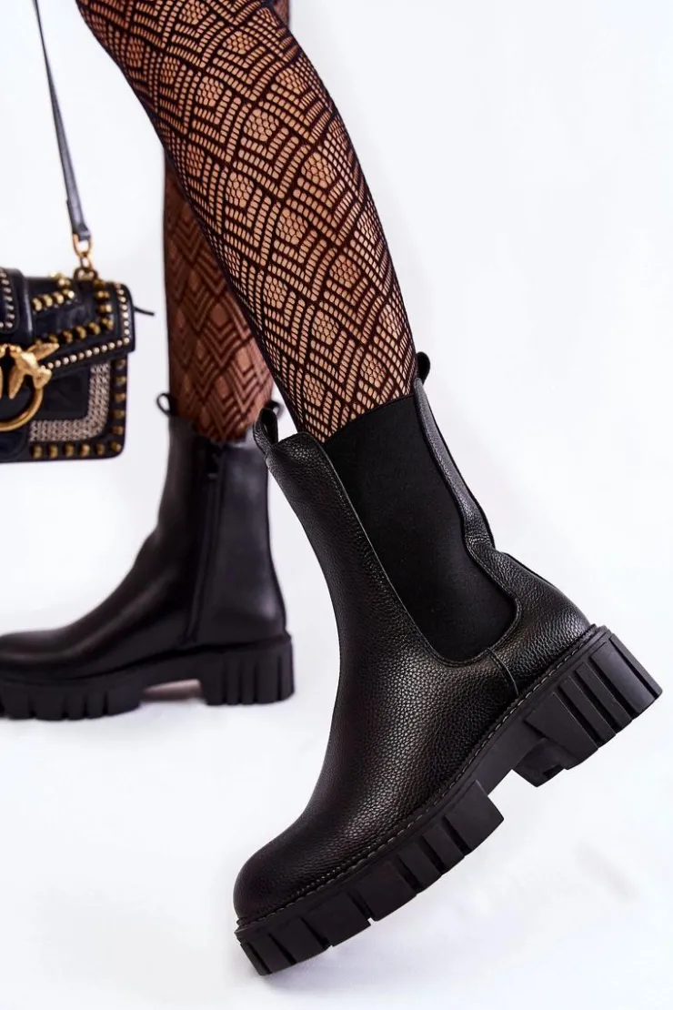 Buty Sergio Leone Botki Zimowe Damskie|Botki Płaskie*Skórzane Damskie Botki Na Platformie Czarne Bente