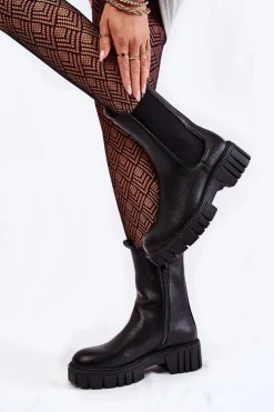 Buty Sergio Leone Botki Zimowe Damskie|Botki Płaskie*Skórzane Damskie Botki Na Platformie Czarne Bente