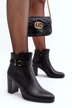 Best Buty Sergio Leone Skórzane Damskie Botki Na Słupku Z Klamrą Czarne Lasima