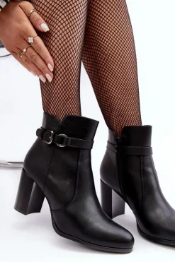 Best Buty Sergio Leone Skórzane Damskie Botki Na Słupku Z Klamrą Czarne Lasima