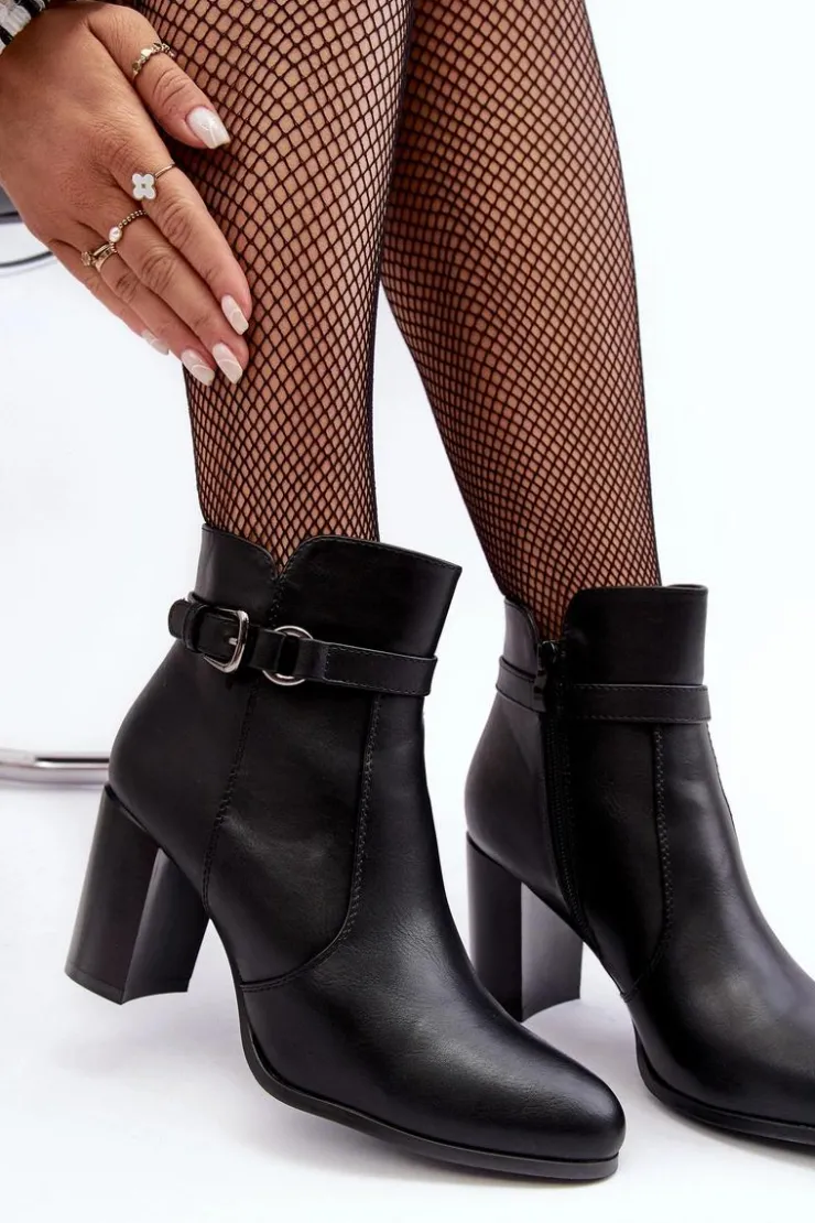 Best Buty Sergio Leone Skórzane Damskie Botki Na Słupku Z Klamrą Czarne Lasima