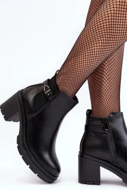 Damskie Boto Skórzane Damskie Botki Na Masywnym Słupku Czarne Belinda