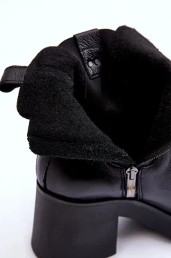 Outlet Boto Skórzane Damskie Botki Na Obcasie Czarne Lemar Kodra