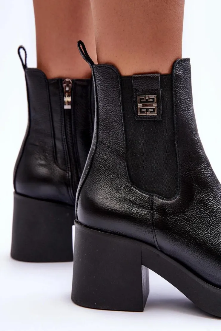 Outlet Boto Skórzane Damskie Botki Na Obcasie Czarne Lemar Kodra