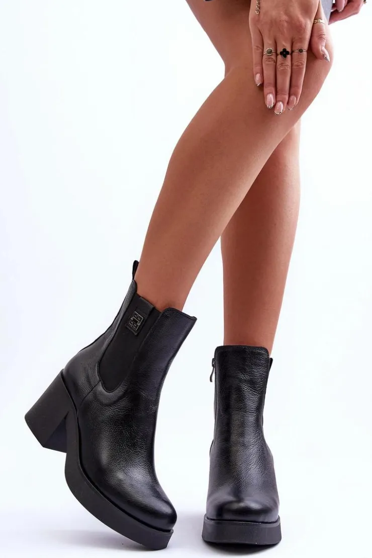 Outlet Boto Skórzane Damskie Botki Na Obcasie Czarne Lemar Kodra