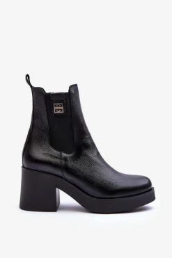 Outlet Boto Skórzane Damskie Botki Na Obcasie Czarne Lemar Kodra