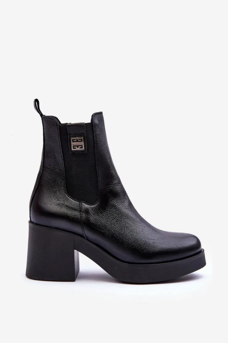 Outlet Boto Skórzane Damskie Botki Na Obcasie Czarne Lemar Kodra