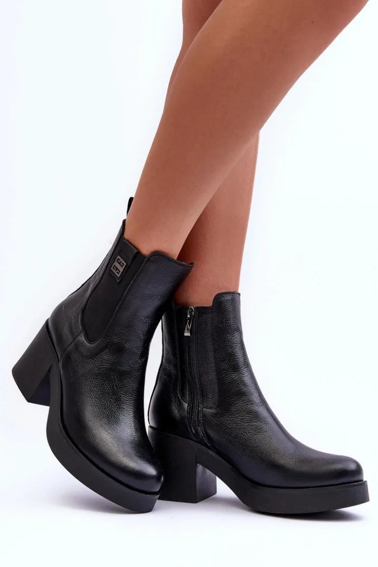 Outlet Boto Skórzane Damskie Botki Na Obcasie Czarne Lemar Kodra