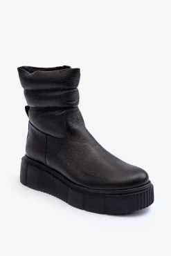Damskie Boto Skórzane Damskie Botki Na Platformie Czarne Lemar Suam
