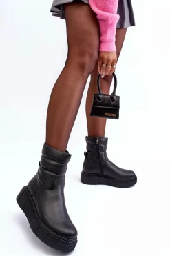 Damskie Boto Skórzane Damskie Botki Na Platformie Czarne Lemar Suam