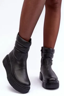 Damskie Boto Skórzane Damskie Botki Na Platformie Czarne Lemar Suam