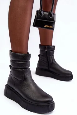 Damskie Boto Skórzane Damskie Botki Na Platformie Czarne Lemar Suam