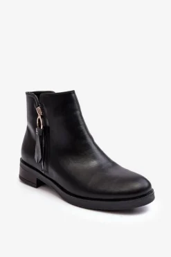 Discount Evento Skórzane Damskie Botki Płaskie Czarne Vasica Czarny