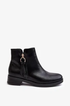 Discount Evento Skórzane Damskie Botki Płaskie Czarne Vasica Czarny