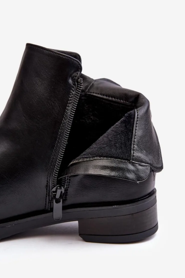 Discount Evento Skórzane Damskie Botki Płaskie Czarne Vasica Czarny