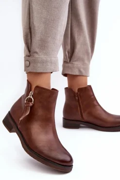 Hot Evento Skórzane Damskie Botki Płaskie Brązowe Vasica