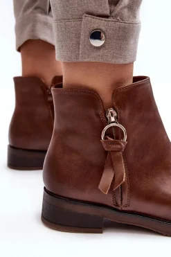 Hot Evento Skórzane Damskie Botki Płaskie Brązowe Vasica