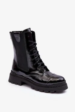 Damskie Boto Skórzane Damskie Botki Workery Sznurowane Czarne Nicole 2836