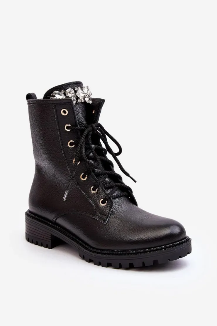 Damskie Zazoo Skórzane Damskie Botki Workery Z Ozdobą 1757 Czarne