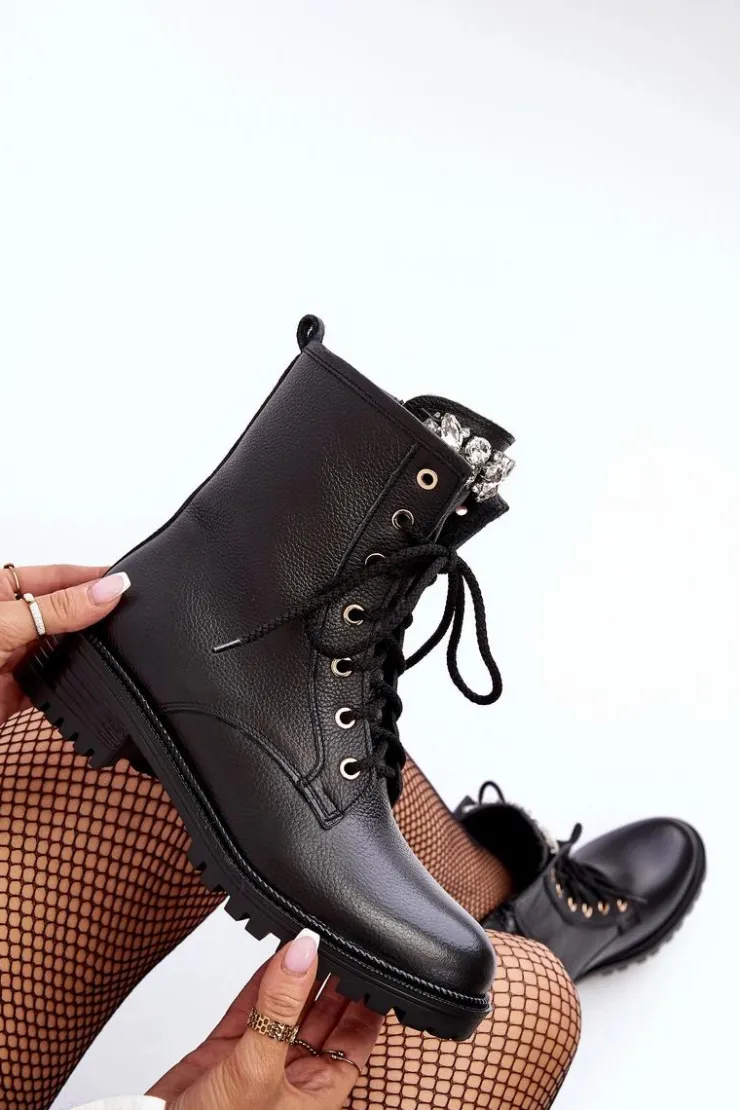 Damskie Zazoo Skórzane Damskie Botki Workery Z Ozdobą 1757 Czarne