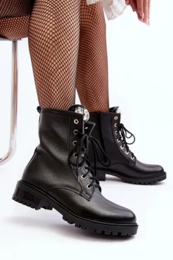 Damskie Zazoo Skórzane Damskie Botki Workery Z Ozdobą 1757 Czarne