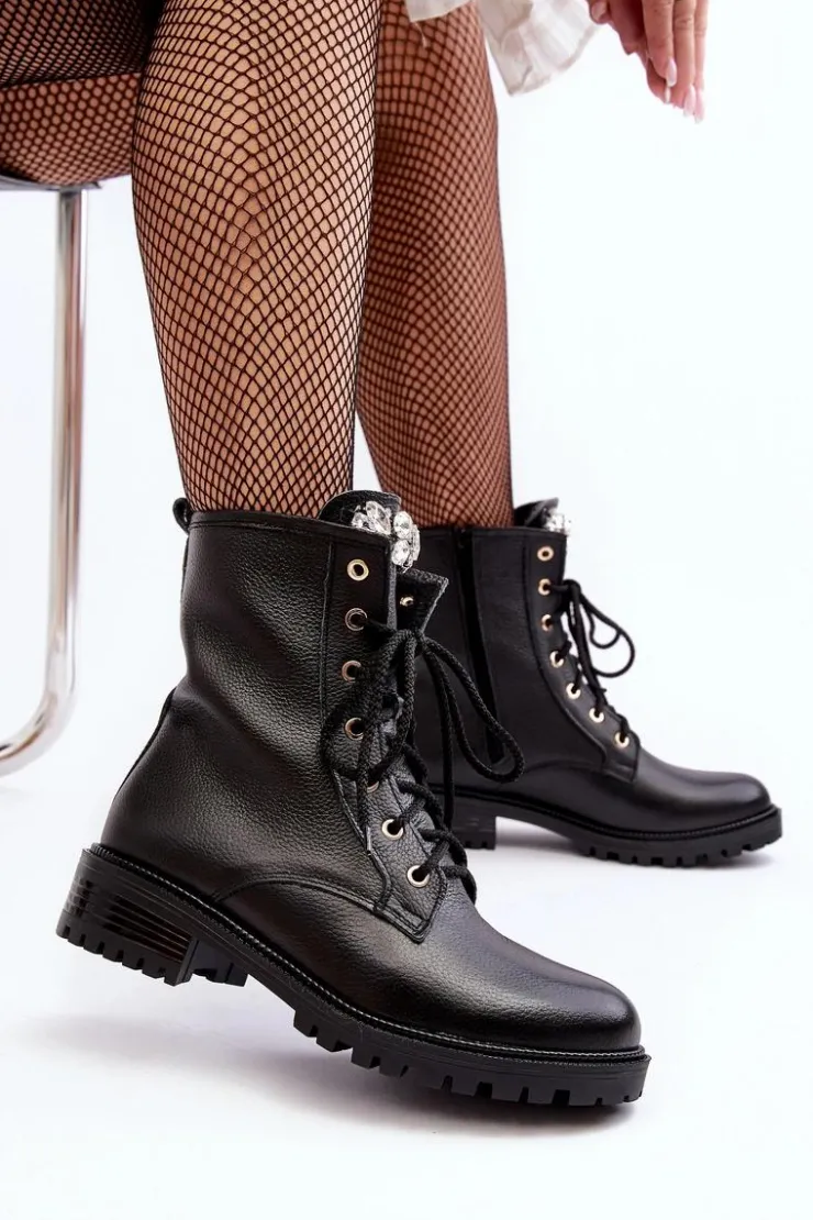 Damskie Zazoo Skórzane Damskie Botki Workery Z Ozdobą 1757 Czarne