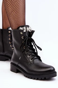 Damskie Zazoo Skórzane Damskie Botki Workery Z Ozdobą 1757 Czarne