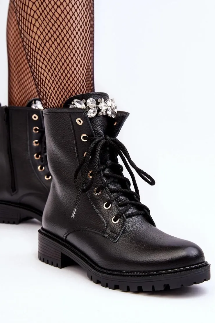 Damskie Zazoo Skórzane Damskie Botki Workery Z Ozdobą 1757 Czarne