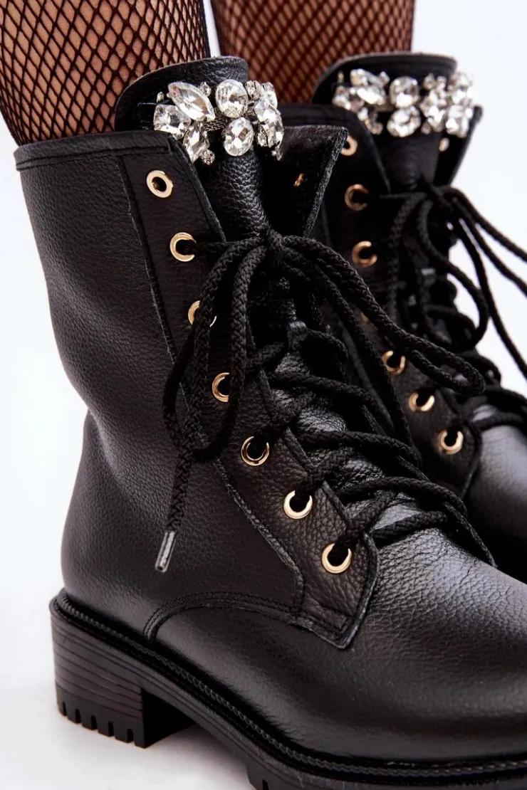 Damskie Zazoo Skórzane Damskie Botki Workery Z Ozdobą 1757 Czarne